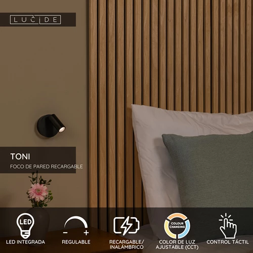 Lucide TONI - Foco de pared / Lámpara de pared Recargable - Batería/acumulador - Ø 8,1 cm - LED Regul. - CCT - 1x2W 2700K/4000K - Magnético - Negro - USP